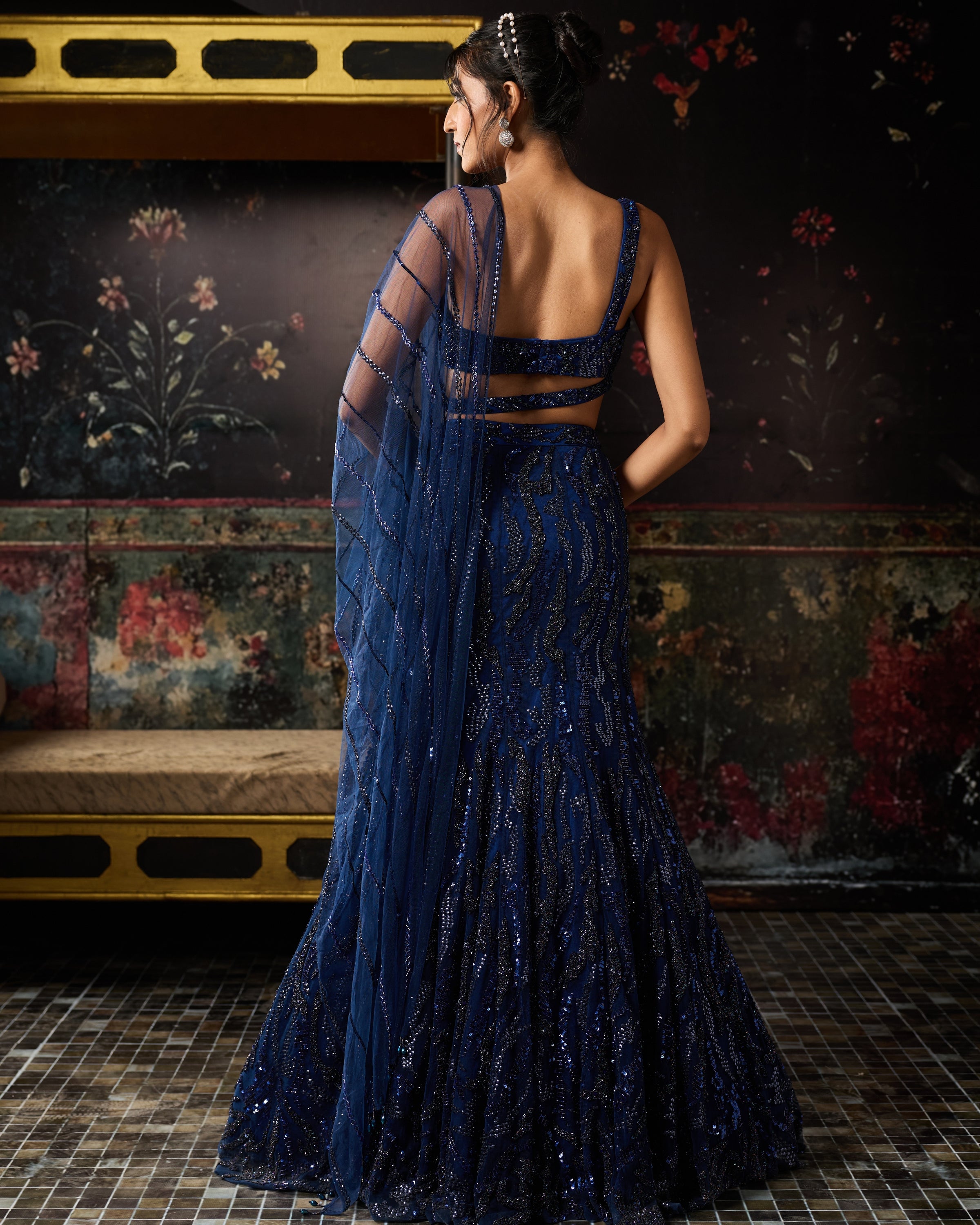 Dark Blue Embellished Mermaid Skirt Set