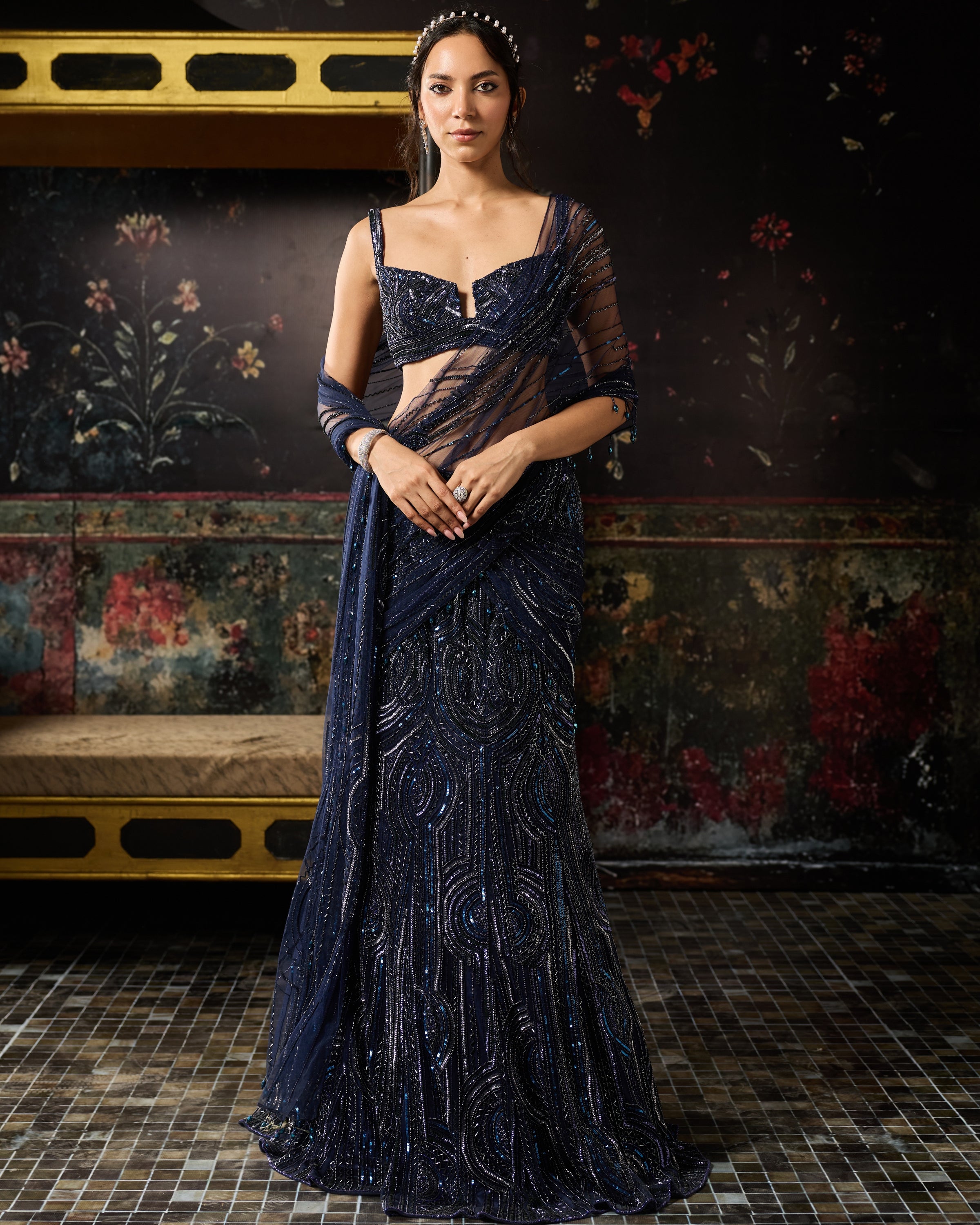Midnight Blue Embellished Mermaid Skirt Sari Set