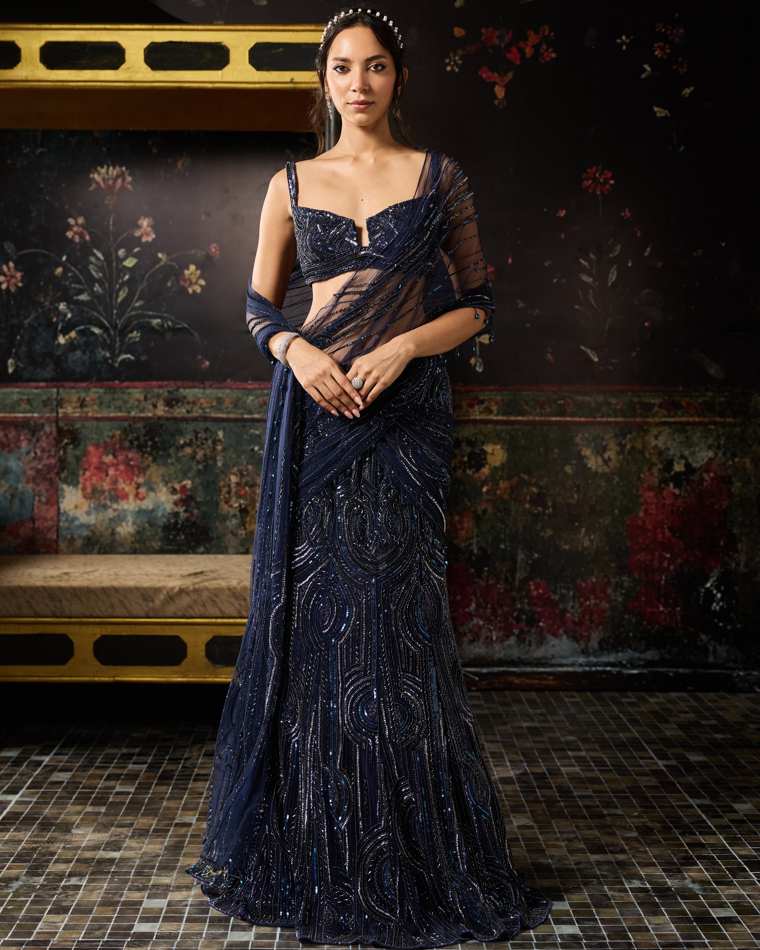 Midnight Blue Embellished Mermaid Skirt Sari Set