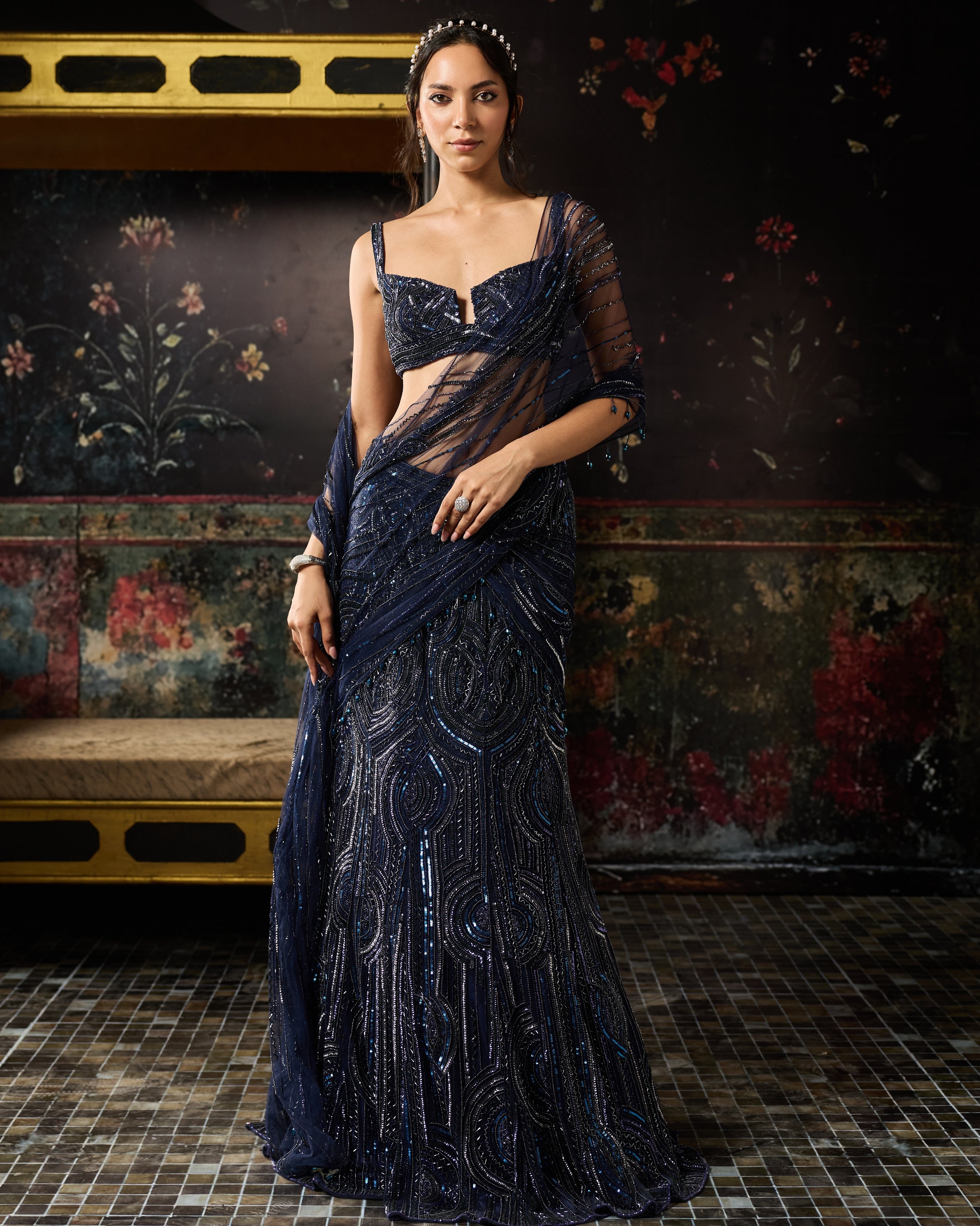 Midnight Blue Embellished Mermaid Skirt Sari Set