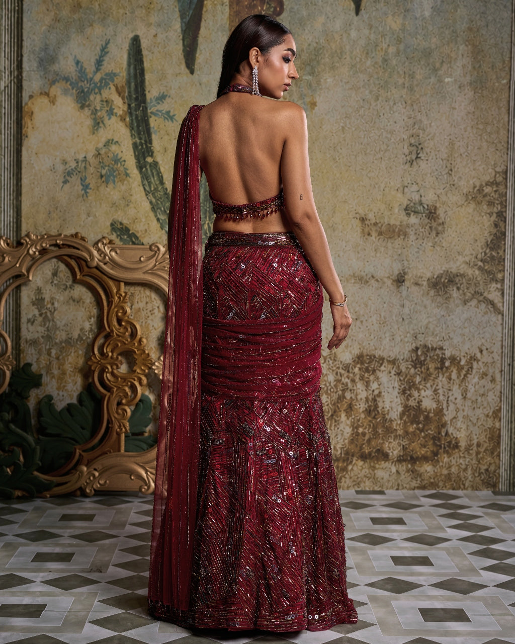 Maroon Abstract Embellished Sari Set