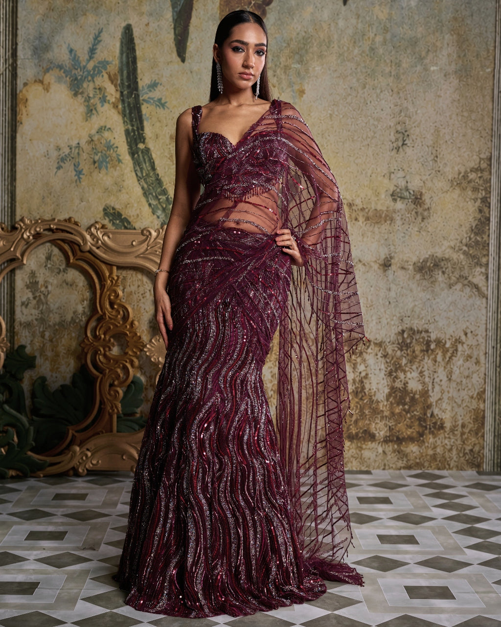 Plum Wave Embellished Sari Set