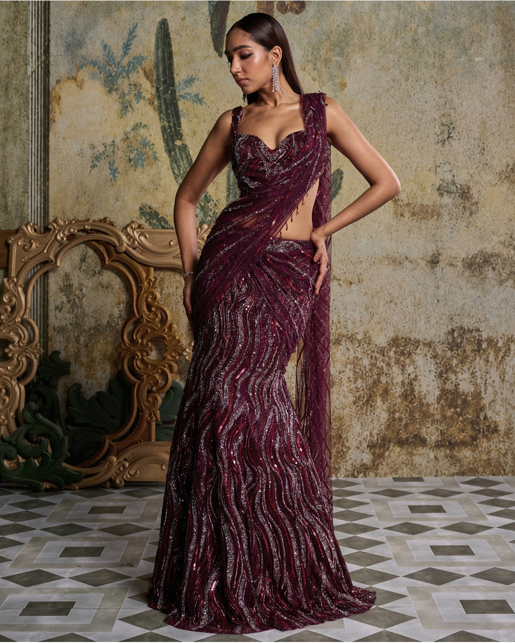 Plum Wave Embellished Sari Set