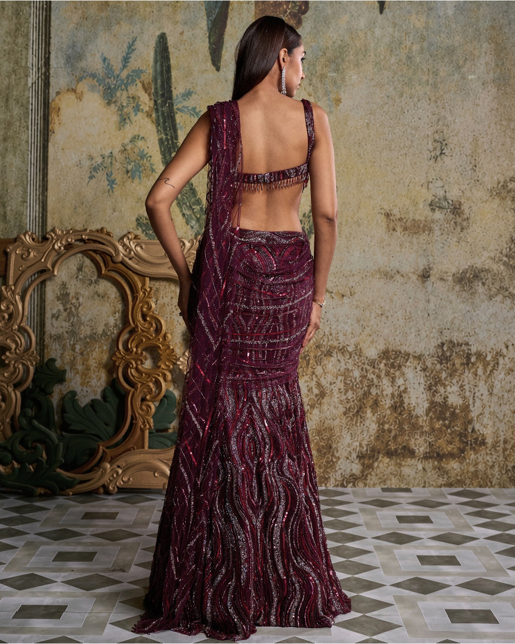 Plum Wave Embellished Sari Set