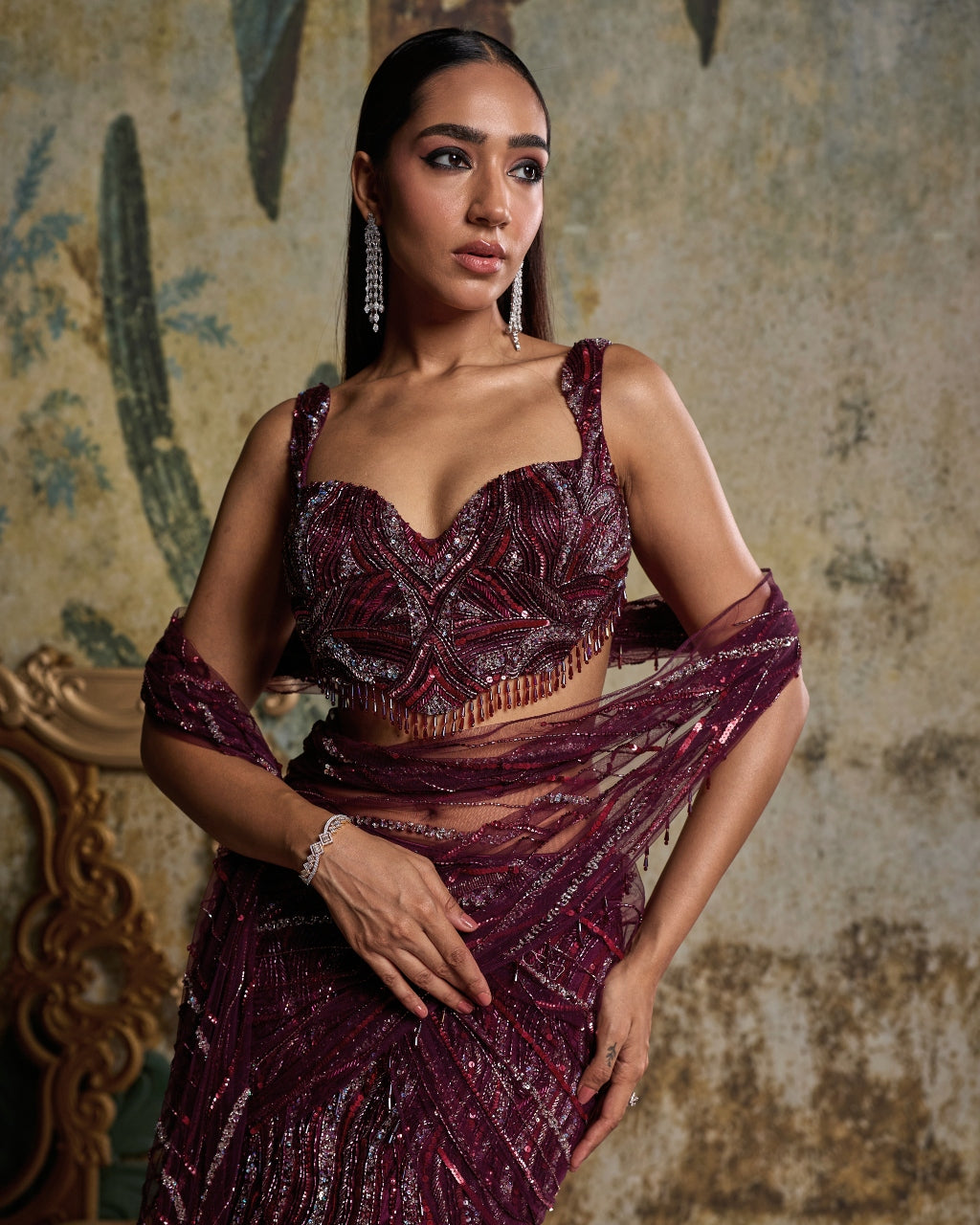 Plum Wave Embellished Sari Set