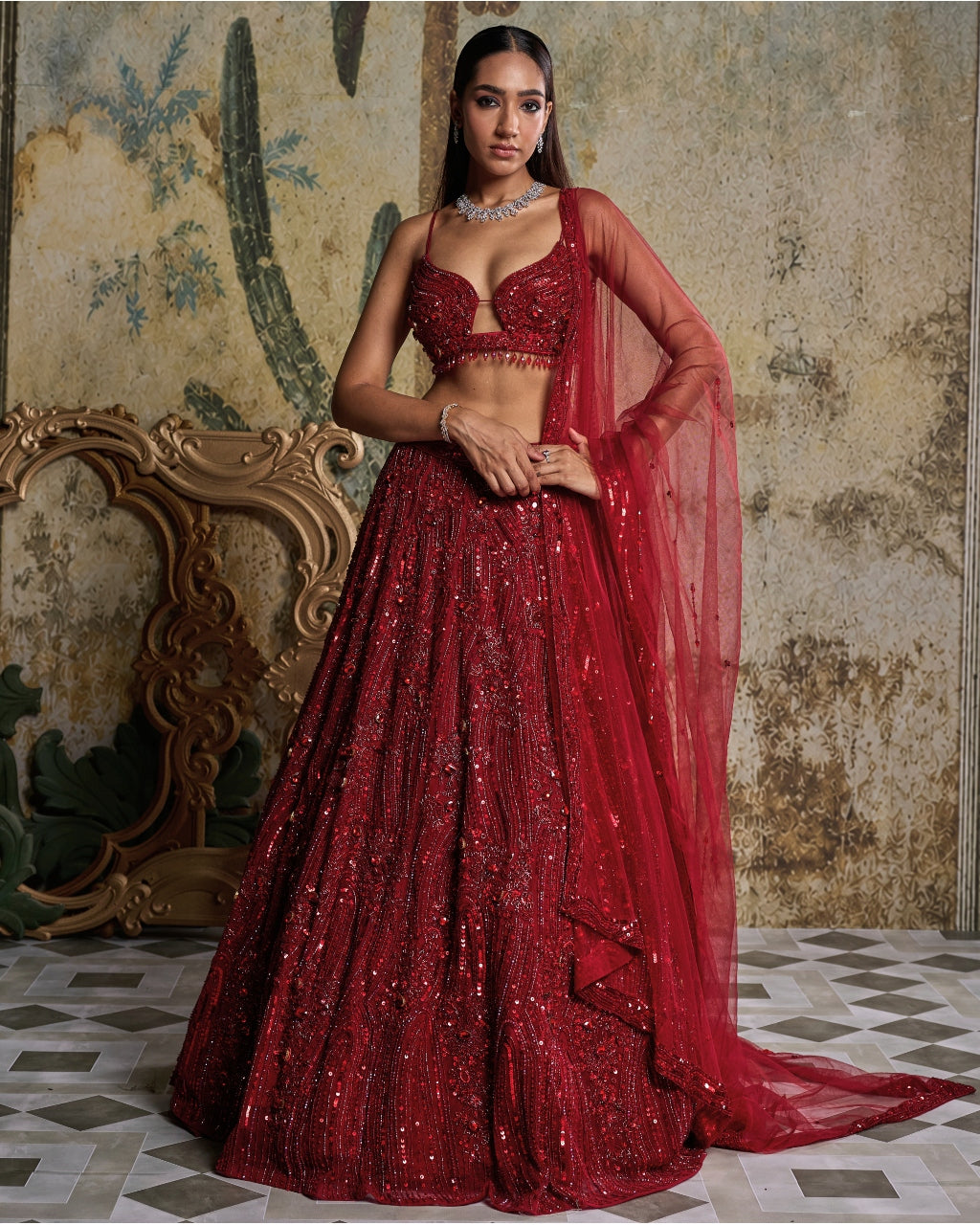Red Embellished Lehenga Set