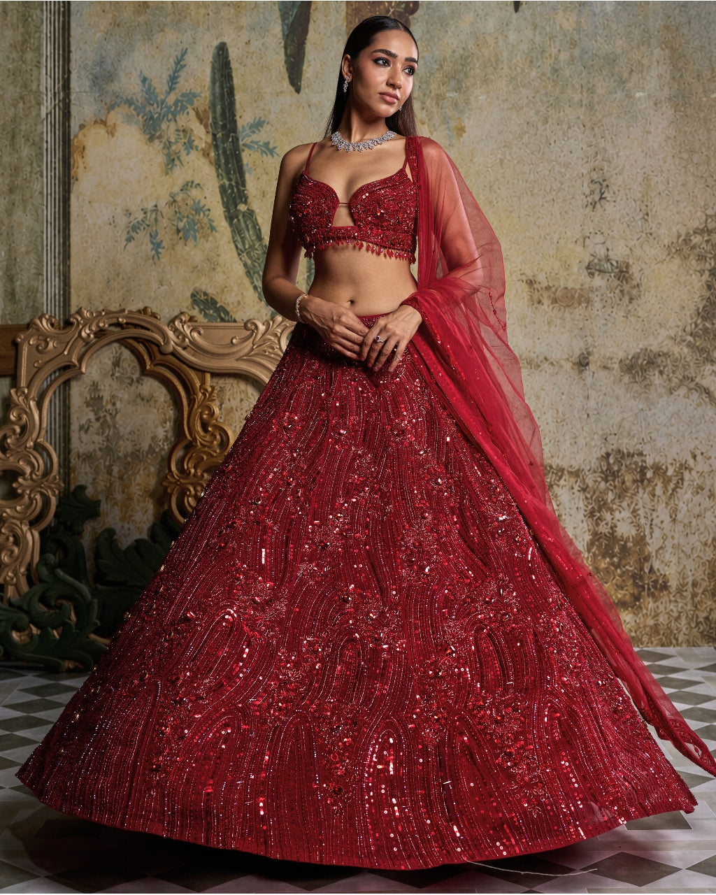 Red Embellished Lehenga Set