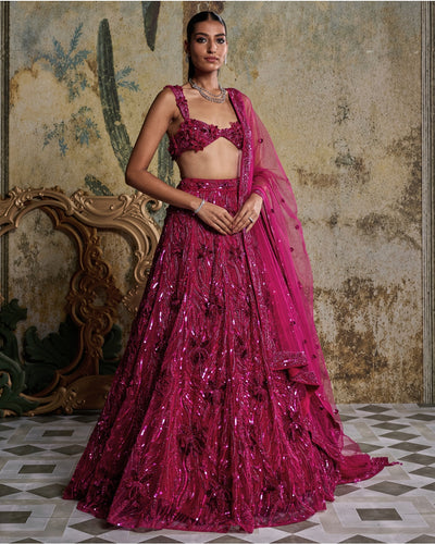 Fuschia Pink 3-D Embellished Lehenga Set
