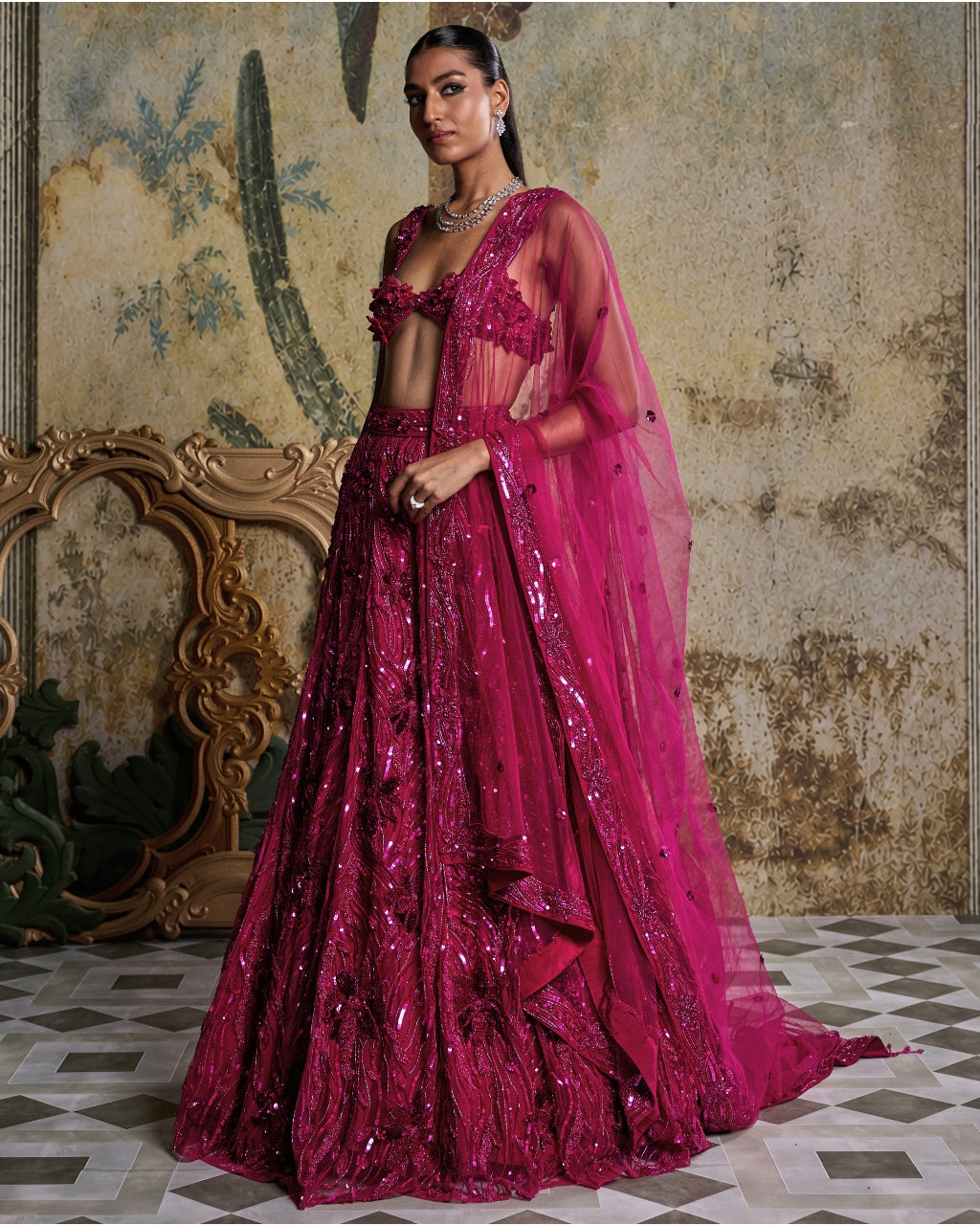 Fuschia Pink 3-D Embellished Lehenga Set