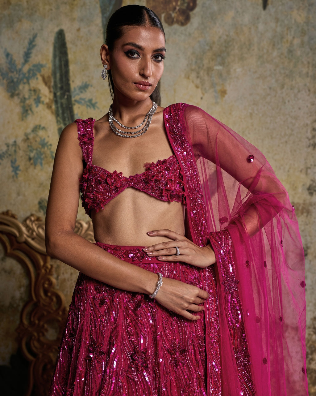 Fuschia Pink 3-D Embellished Lehenga Set