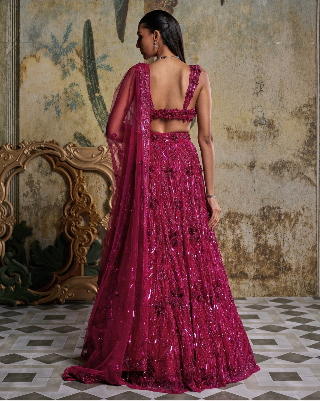Fuschia Pink 3-D Embellished Lehenga Set