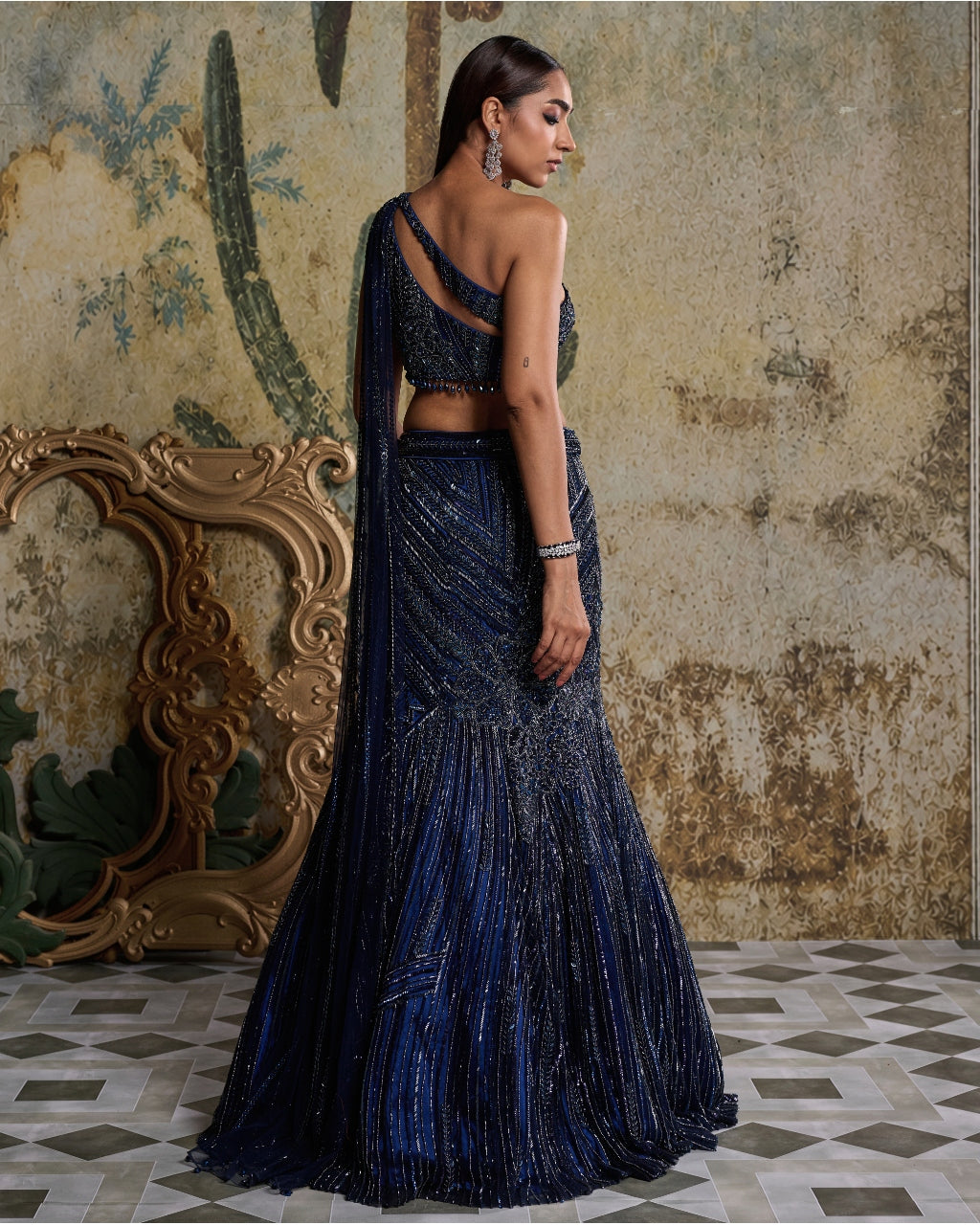Mid Night Blue Embellished Mermiad Skirt Set