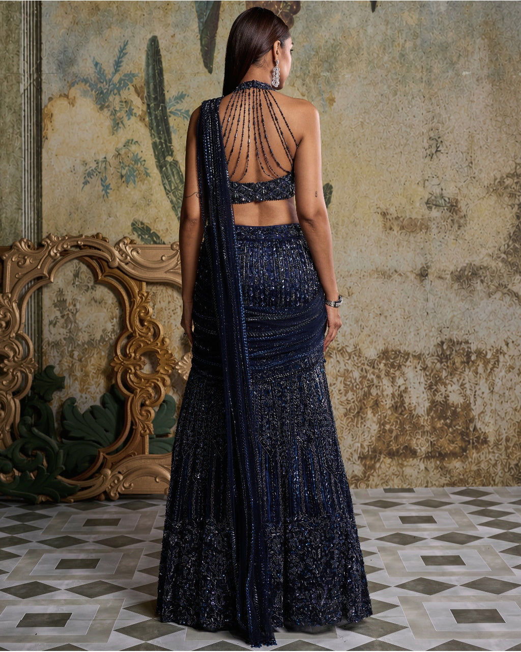 Midnight Blue Embellished Sari Set