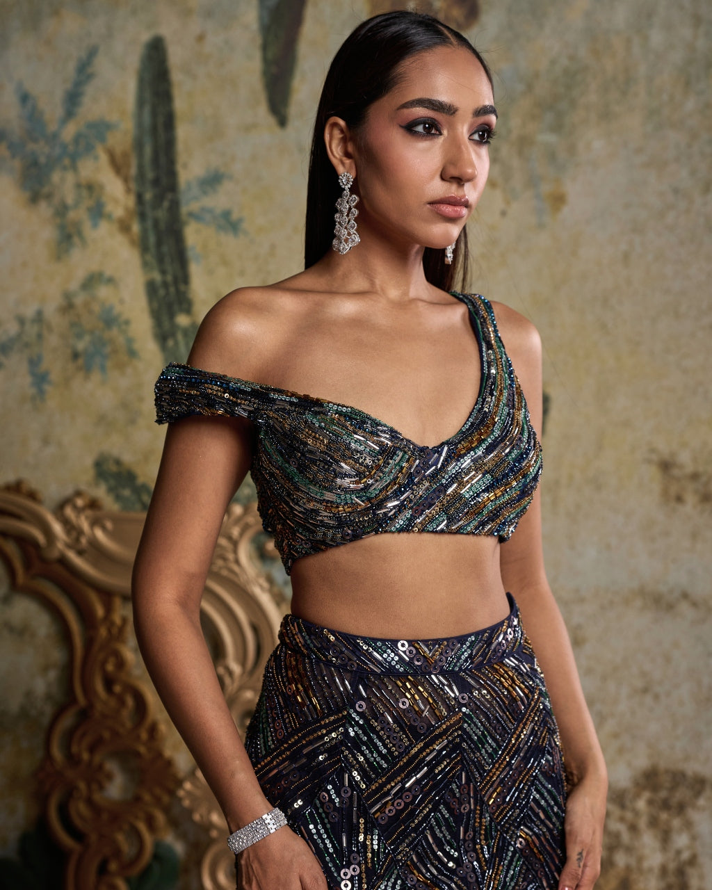Mid Night Blue Embellished Slit Skirt