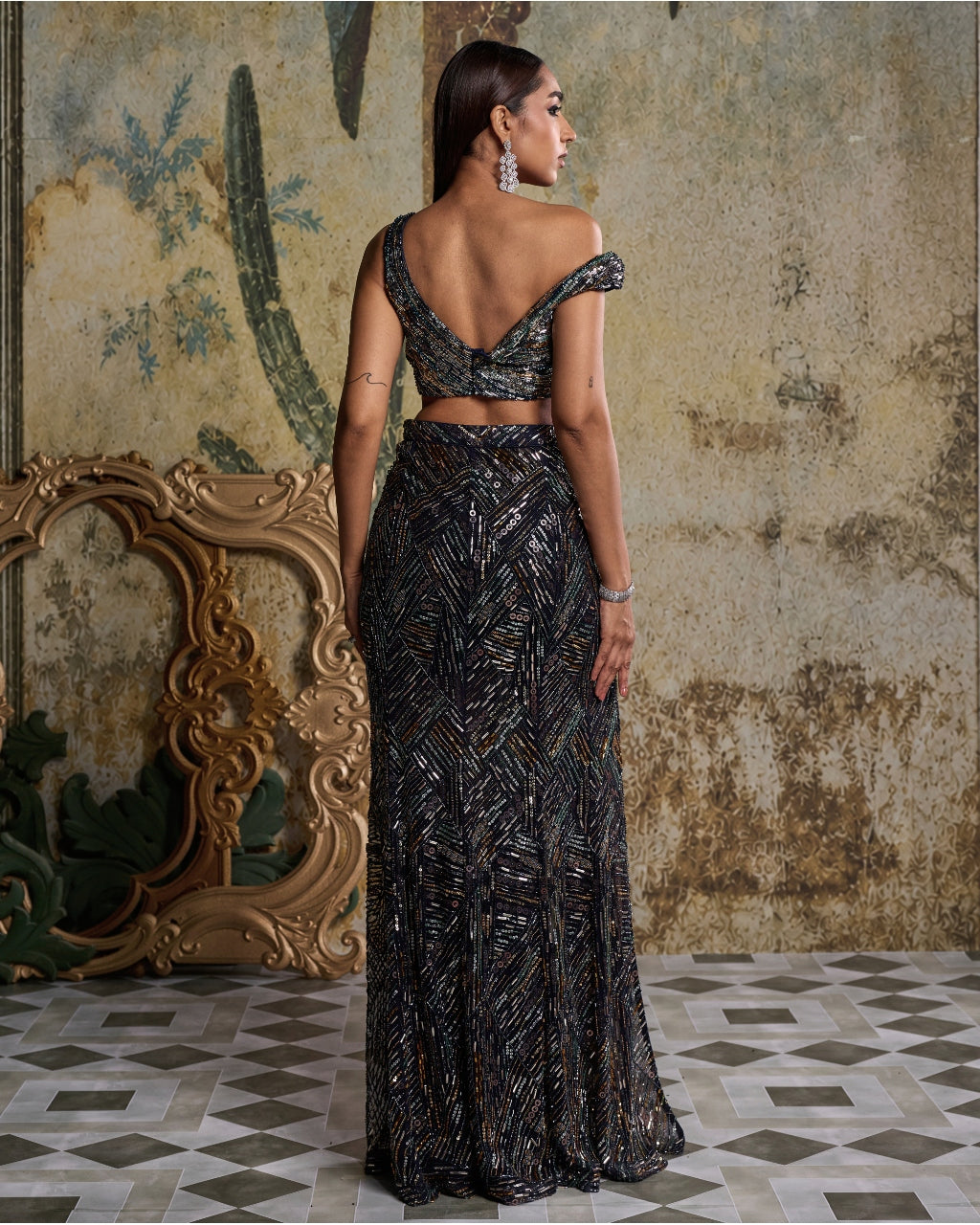 Mid Night Blue Embellished Slit Skirt