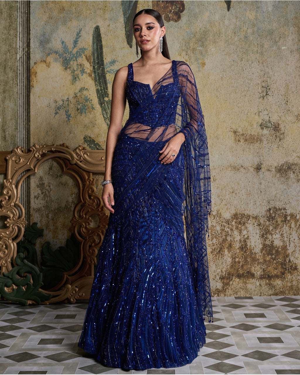 Electric Blue Embellished Sari Set