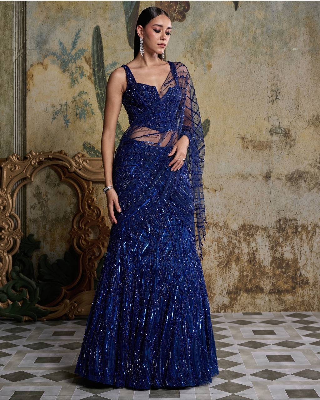 Electric Blue Embellished Sari Set