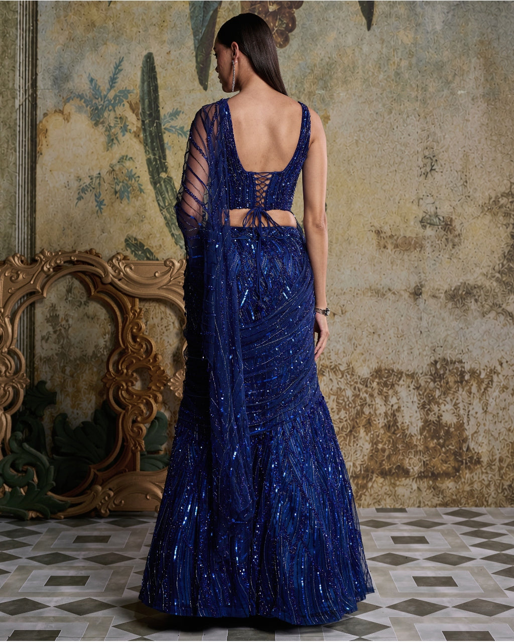 Electric Blue Embellished Sari Set