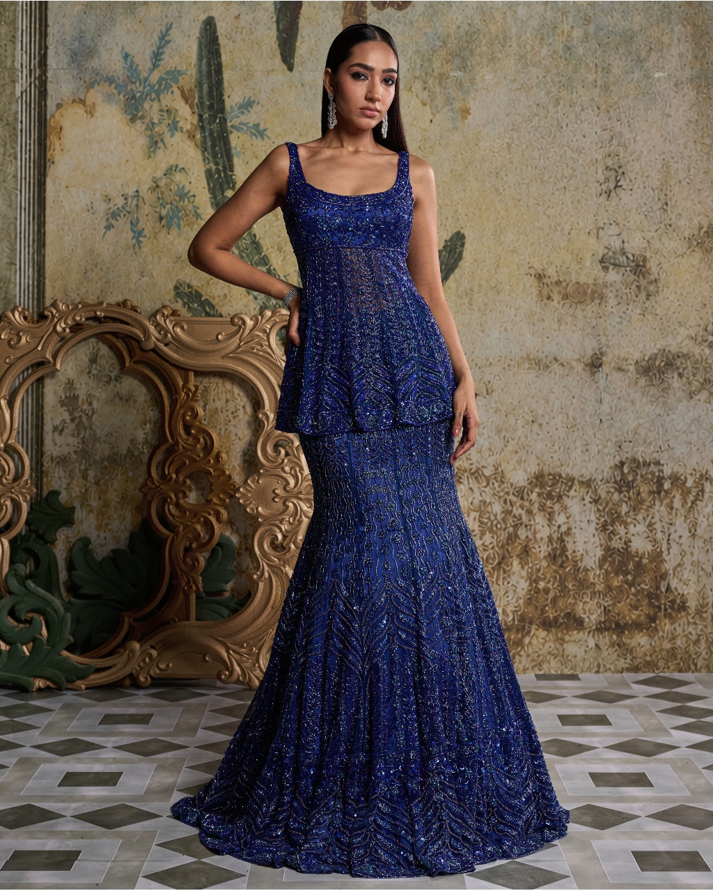 Teal Blue Embellished Mermaid Skirt Set