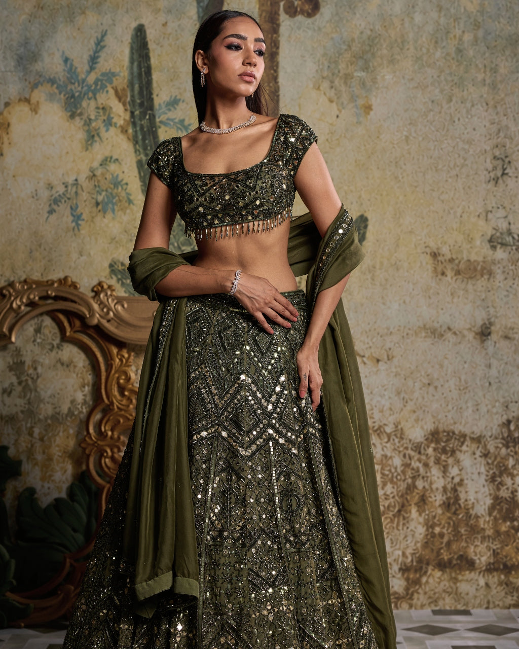 Algae Green Embellished Lehengaset