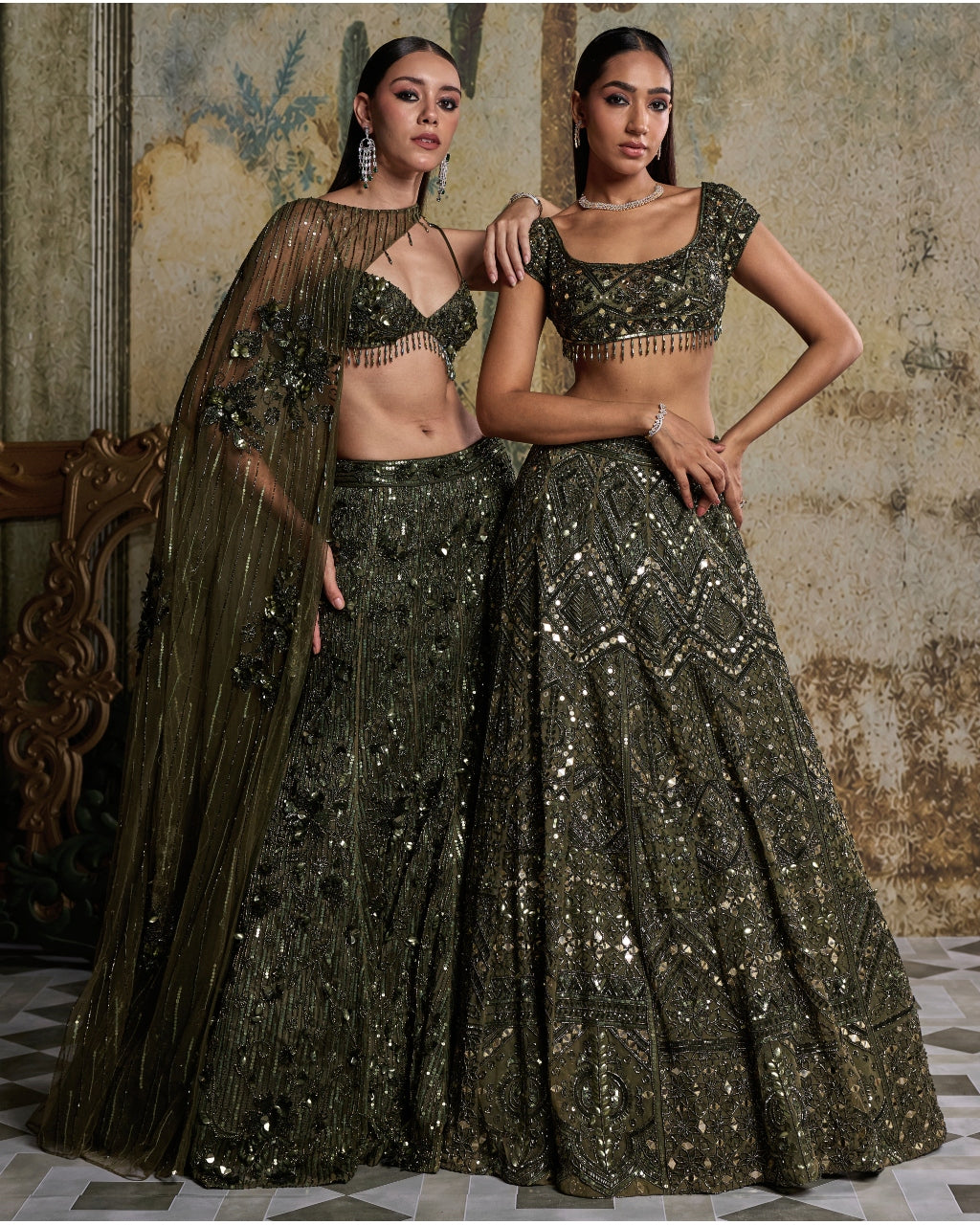 Earthy Green Embellished Cape Mermaid Set