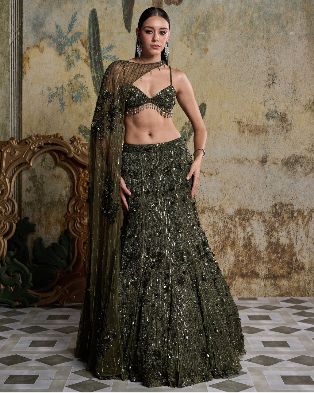 Earthy Green Embellished Cape Mermaid Set