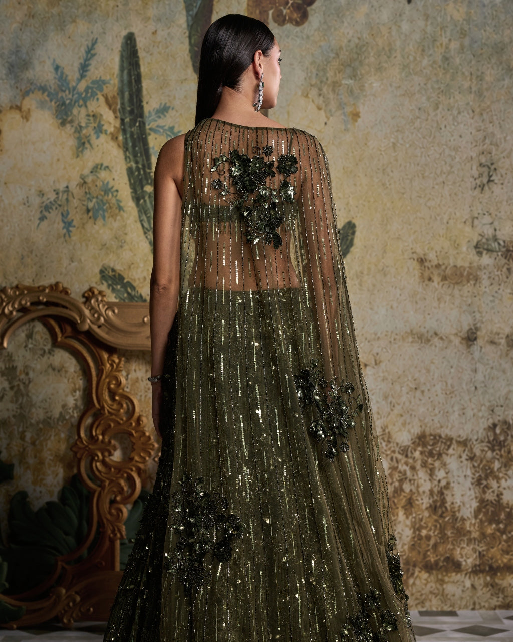 Earthy Green Embellished Cape Mermaid Set