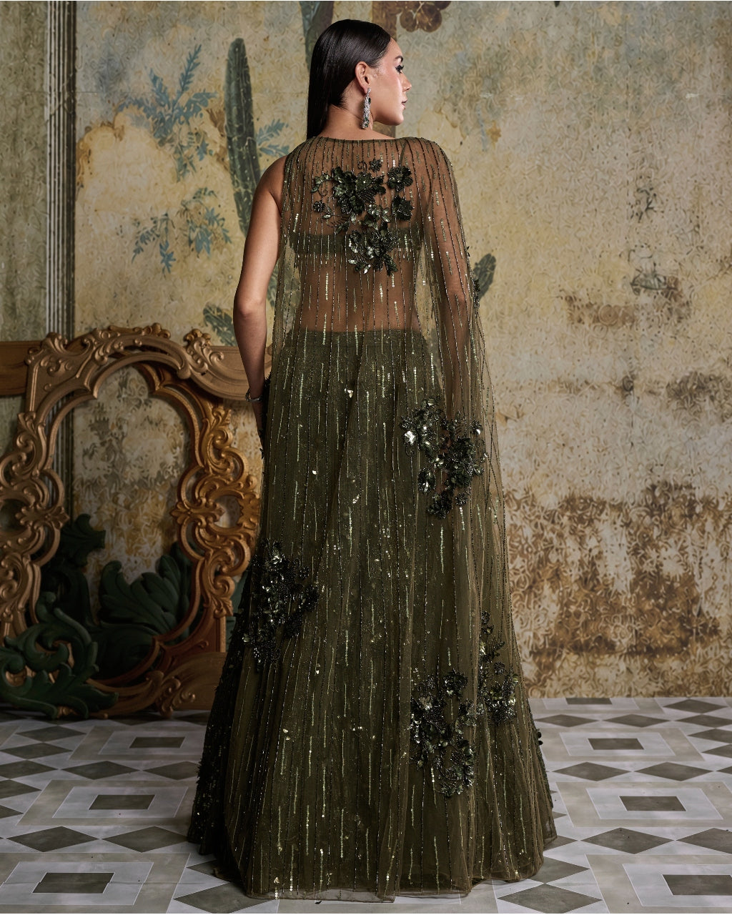 Earthy Green Embellished Cape Mermaid Set