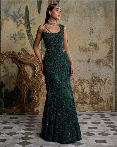 Bottle Green Embellished Corset Sari Set