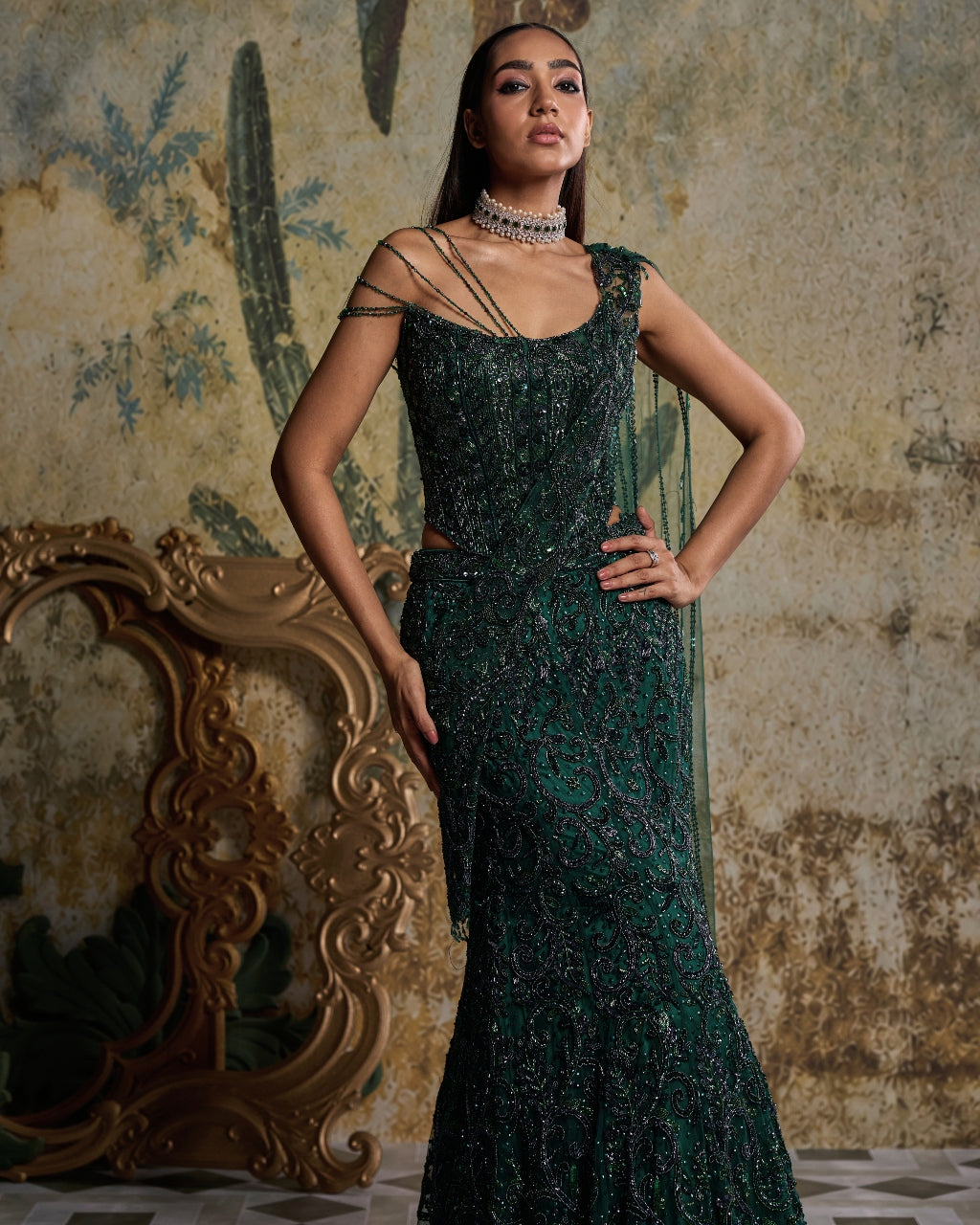 Bottle Green Embellished Corset Sari Set