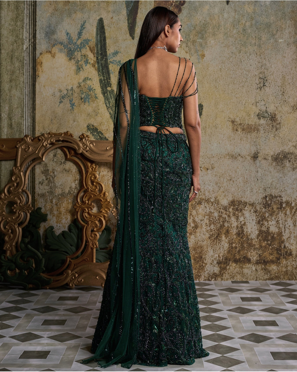 Bottle Green Embellished Corset Sari Set