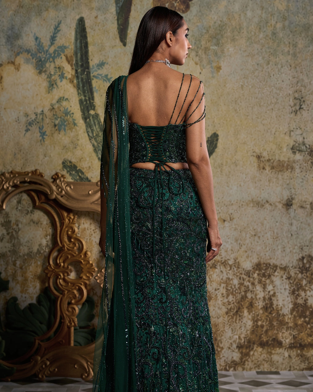 Bottle Green Embellished Corset Sari Set