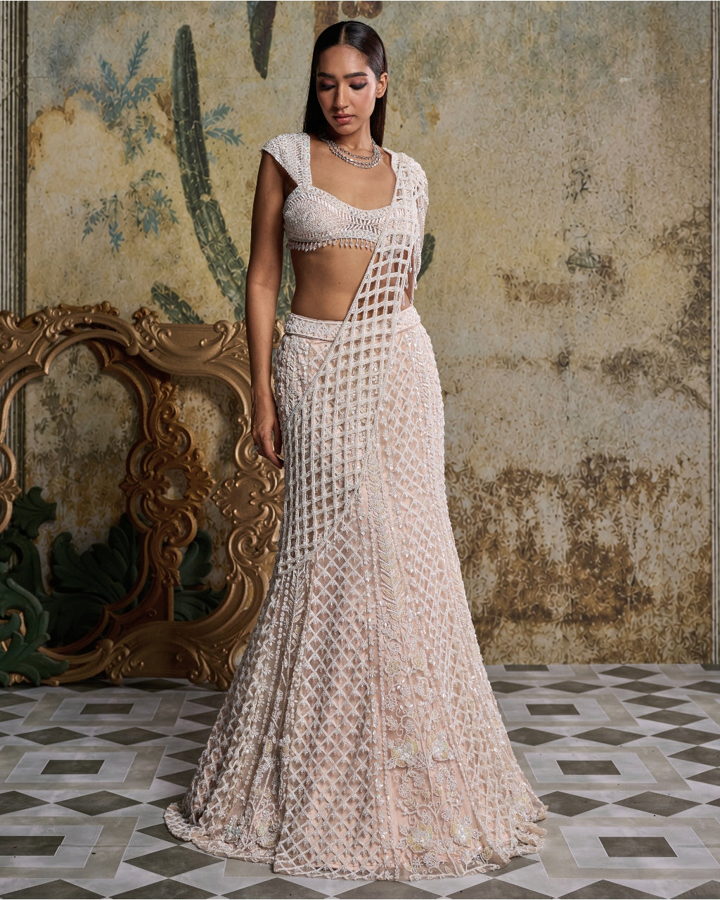 Ivory Cutwork Drape Embellished Sari Set
