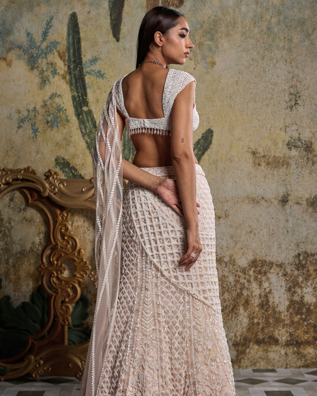 Ivory Cutwork Drape Embellished Sari Set