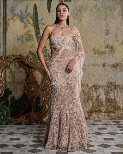 Beige & Ivory 3-D Floral Embellished Sari Set