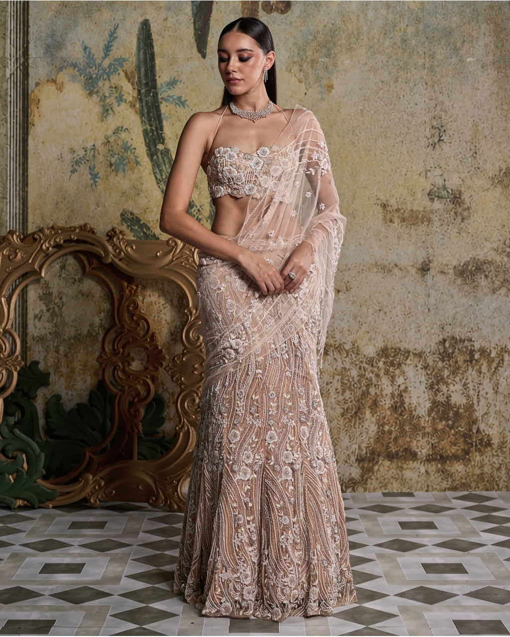 Beige & Ivory 3-D Floral Embellished Sari Set