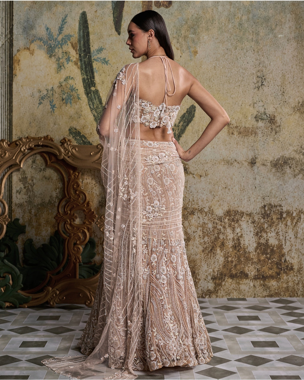 Beige & Ivory 3-D Floral Embellished Sari Set