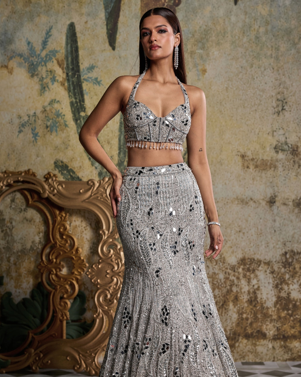 Silver Mirror Embellished Trail Mermaid Skirt Set