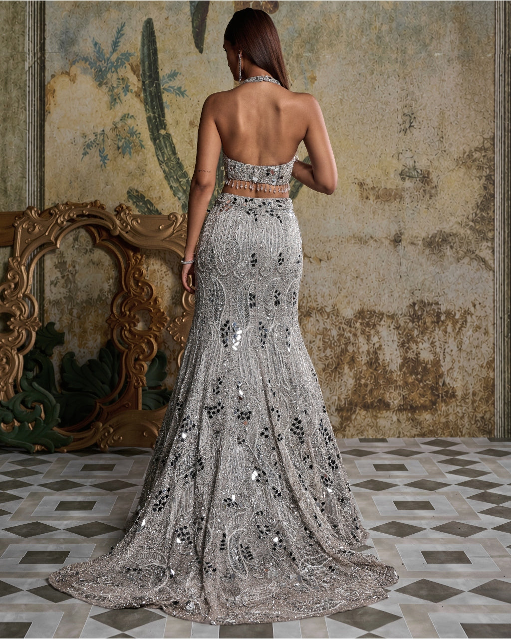 Silver Mirror Embellished Trail Mermaid Skirt Set