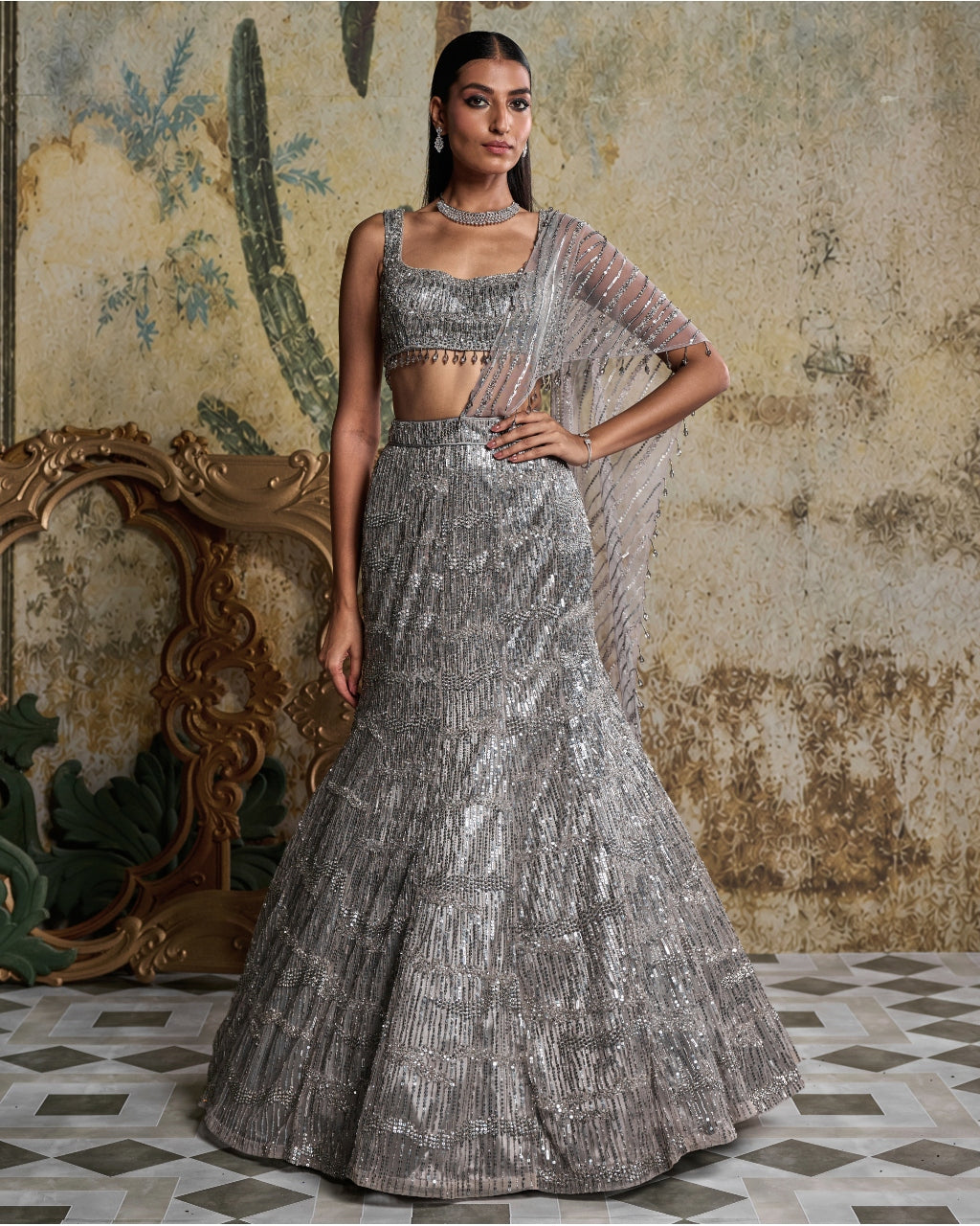 Silver Abstract Sequince Embellished Sari Set