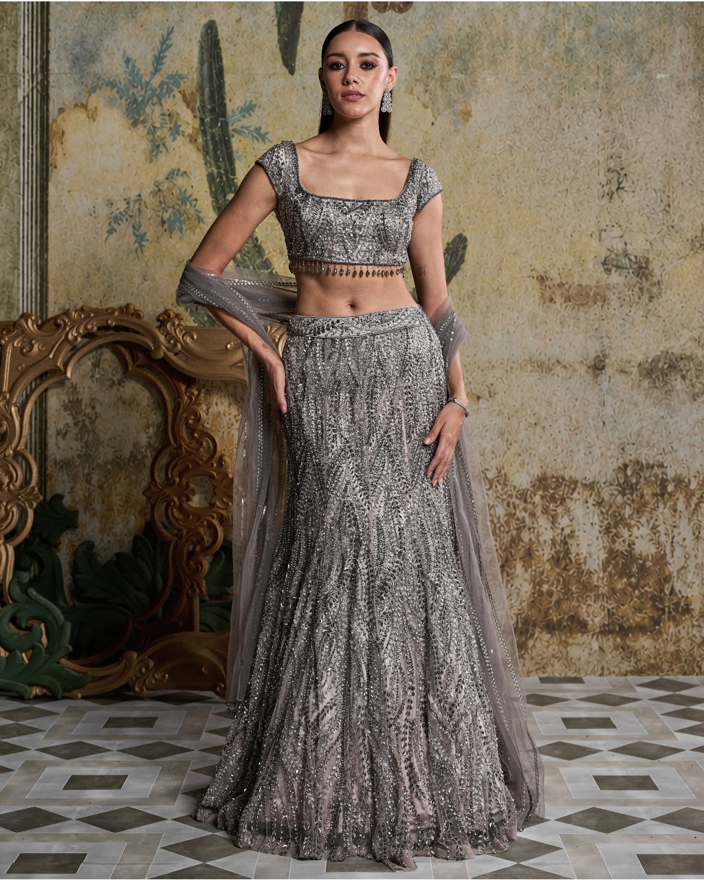 Gray Gunmetal Embellished Mermaid Skirt Set