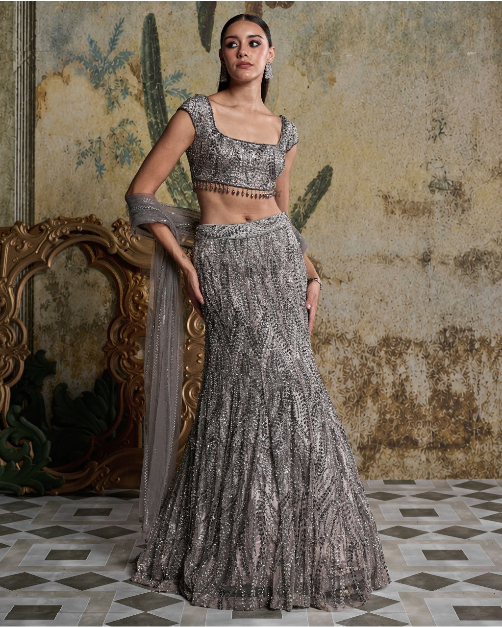 Gray Gunmetal Embellished Mermaid Skirt Set