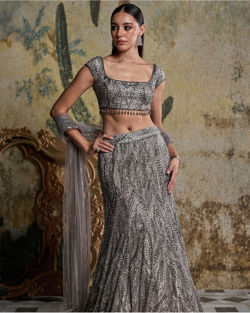 Gray Gunmetal Embellished Mermaid Skirt Set
