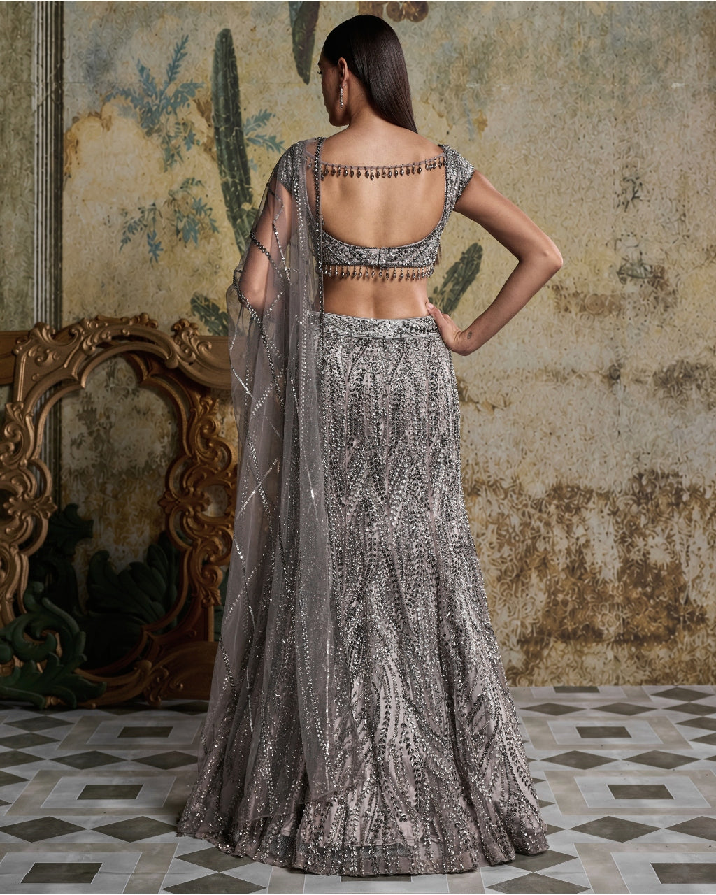 Gray Gunmetal Embellished Mermaid Skirt Set