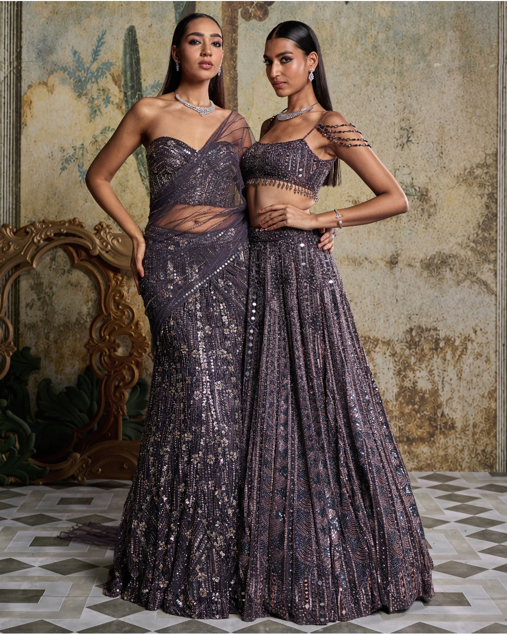Charcol Grey Floral Embellished Corset Sari Set