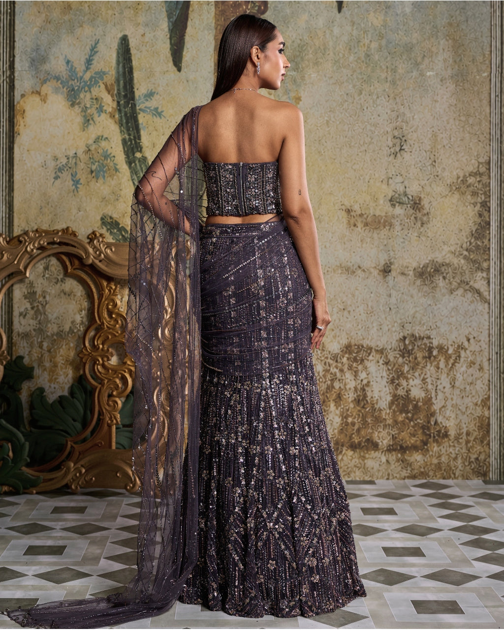 Charcol Grey Floral Embellished Corset Sari Set