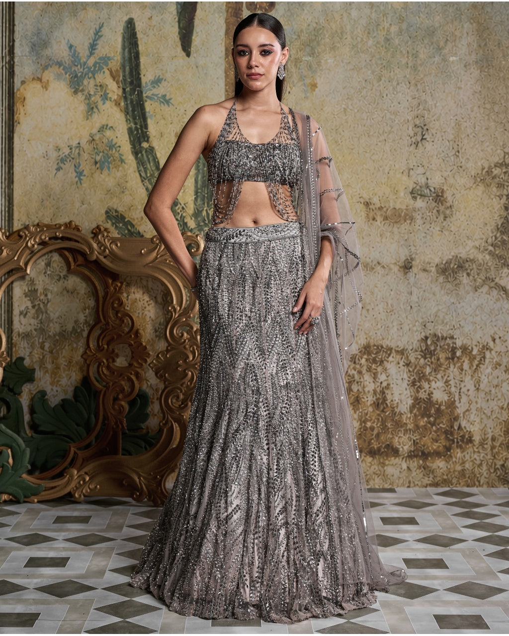 Gray Gunmetal Embellished Mermaid Skirt Set