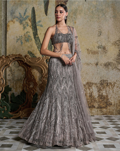 Gray Gunmetal Embellished Mermaid Skirt Set