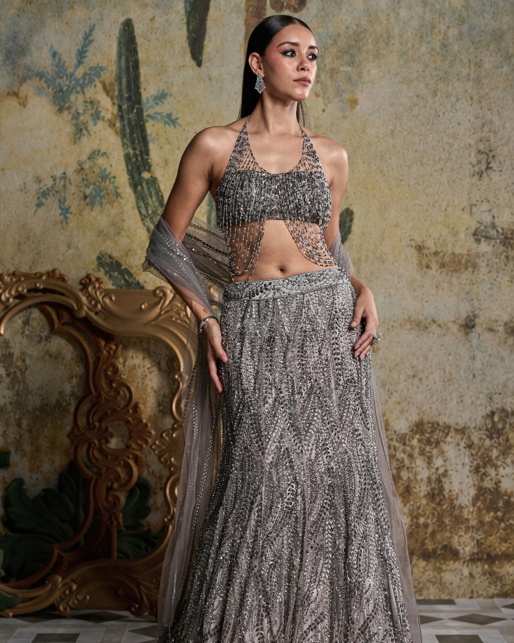 Gray Gunmetal Embellished Mermaid Skirt Set