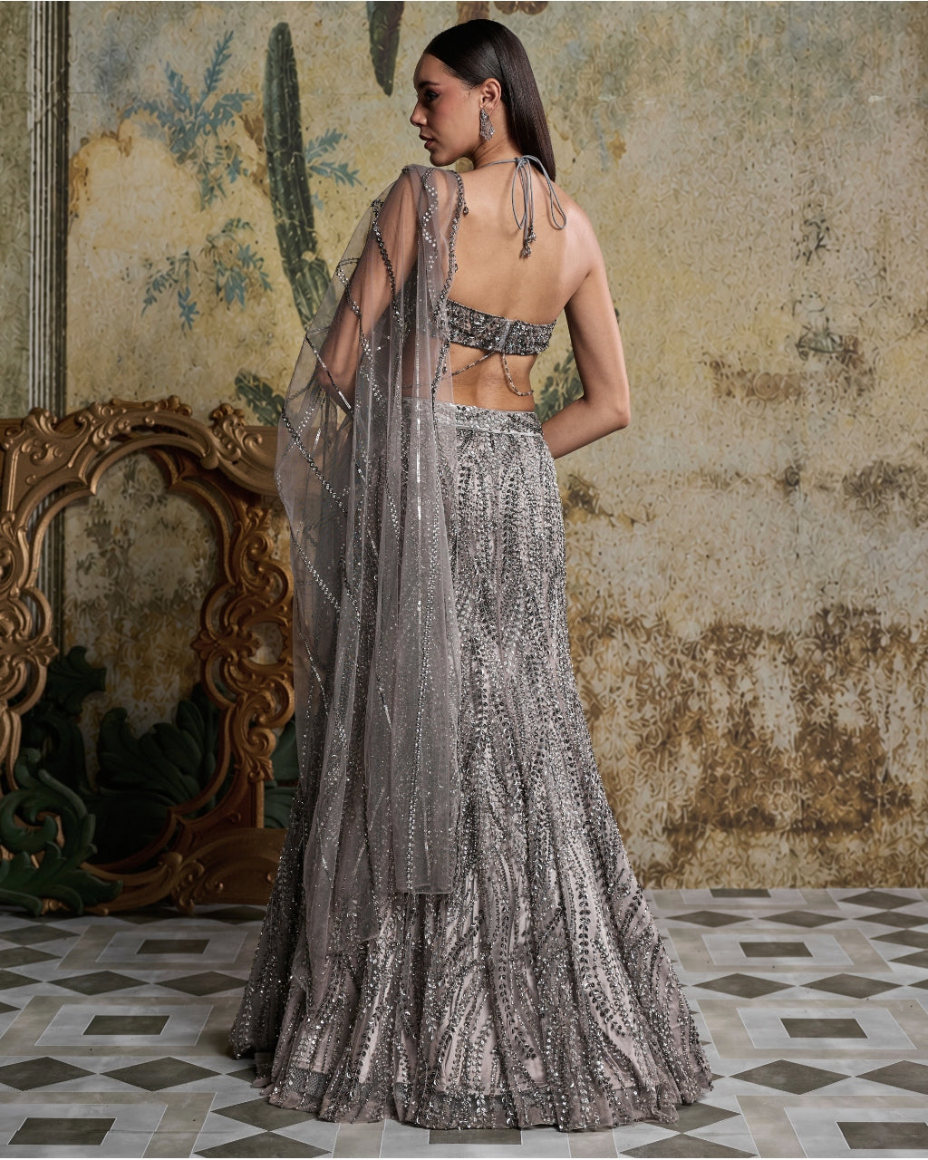 Gray Gunmetal Embellished Mermaid Skirt Set